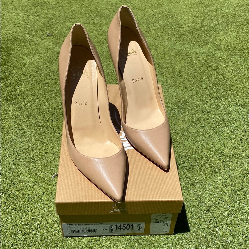 Christian Louboutin Tan Heels Apostrophy Pump 100 Nude size 9 or 39